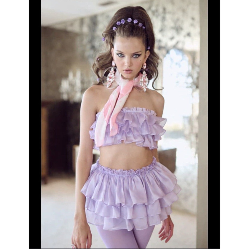 Selkie Purple Ruffle Crop Tube Top Thunder Cloud Daphne Shirt XS Feathers